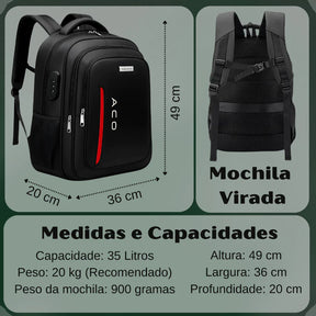 Mochila Unissex A.C.O Impermeável para Notebook Senha Carregamento USB/Fone